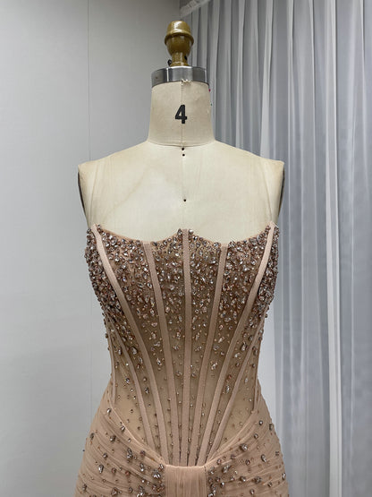 Champagne Strapless Beaded Corset Mermaid Evening Dress MC20192