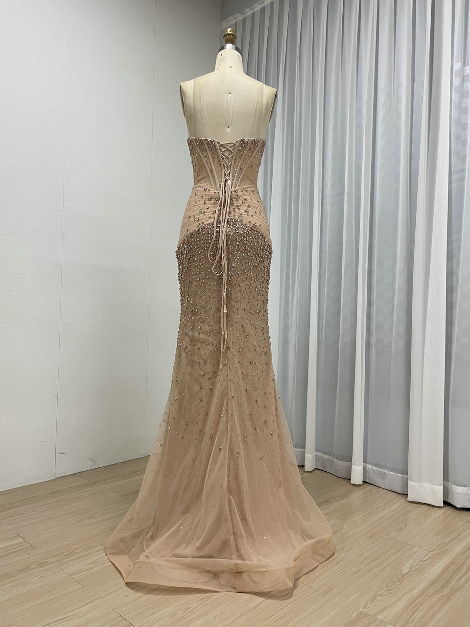 Champagne Strapless Beaded Corset Mermaid Evening Dress MC20192
