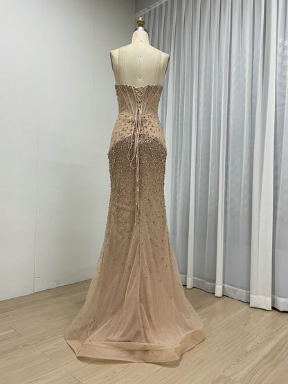 Champagne Strapless Beaded Corset Mermaid Evening Dress MC20192