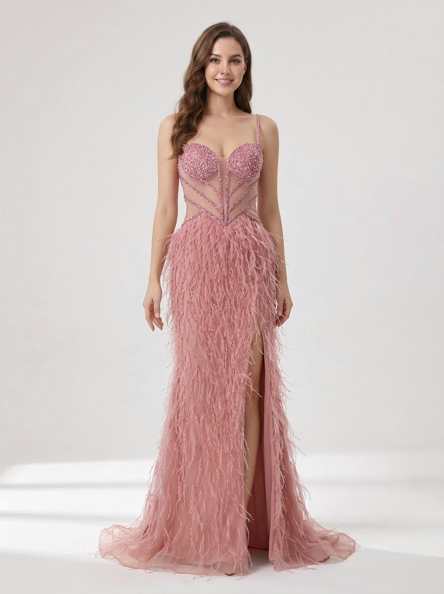 Blush Pink Feather Evening Gown with Crystal Embellished Bodice and High Slit MC20209