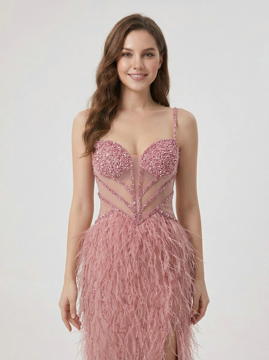 Blush Pink Feather Evening Gown with Crystal Embellished Bodice and High Slit MC20209