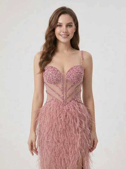 Blush Pink Feather Evening Gown with Crystal Embellished Bodice and High Slit MC20209