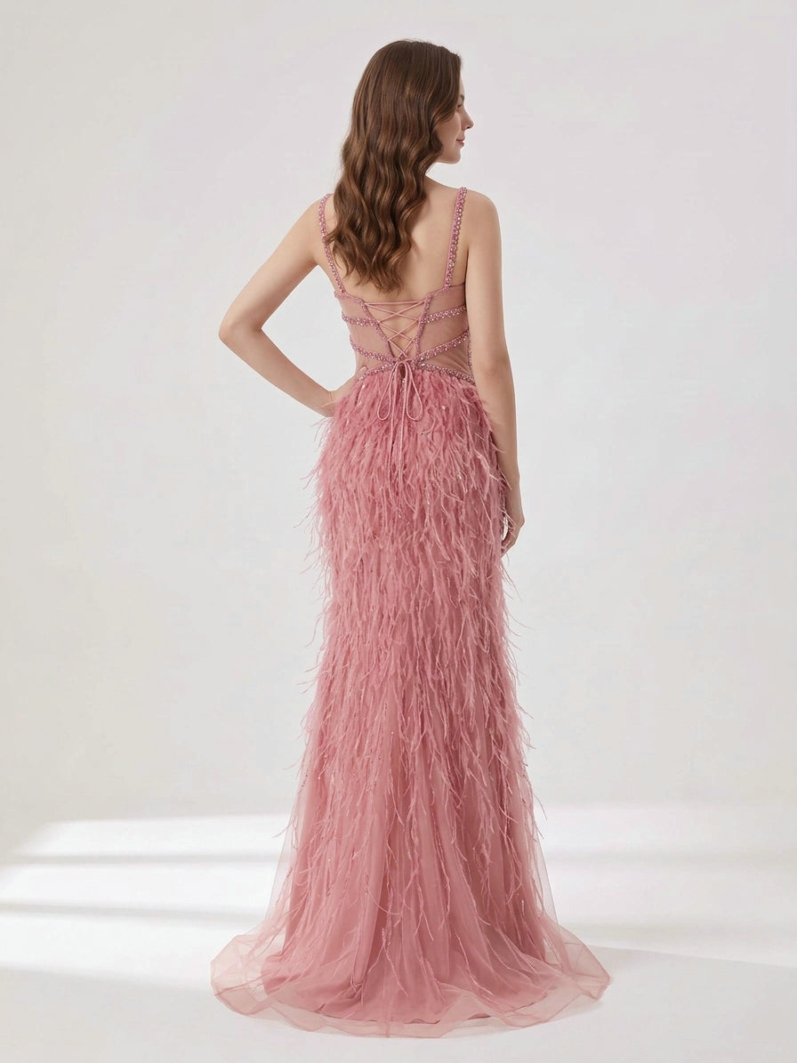 Blush Pink Feather Evening Gown with Crystal Embellished Bodice and High Slit MC20209