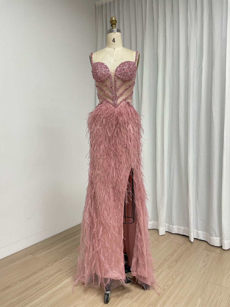 Blush Pink Feather Evening Gown with Crystal Embellished Bodice and High Slit MC20209