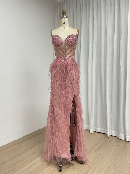 Blush Pink Feather Evening Gown with Crystal Embellished Bodice and High Slit MC20209