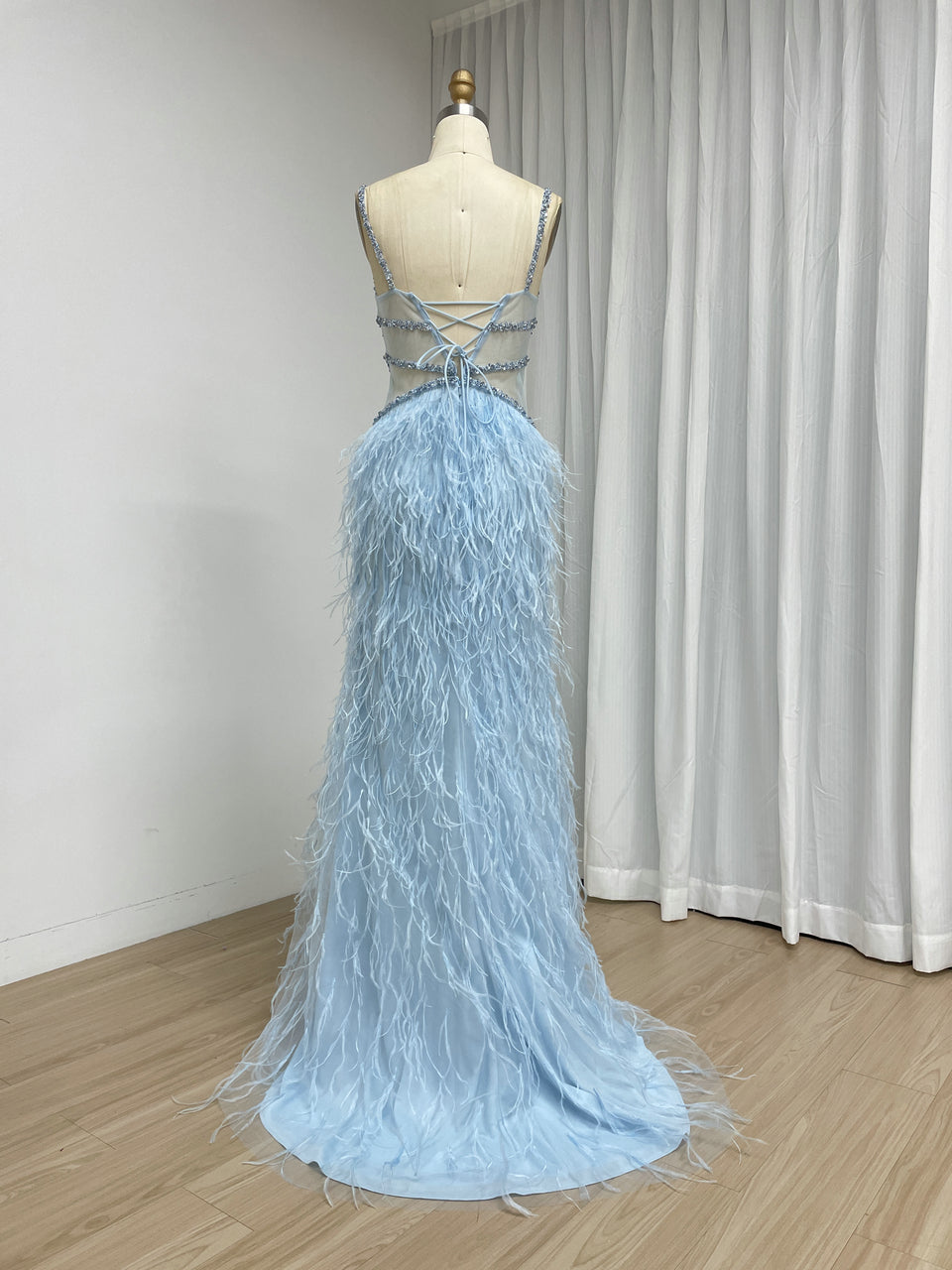 Blush Pink Feather Evening Gown with Crystal Embellished Bodice and High Slit MC20209