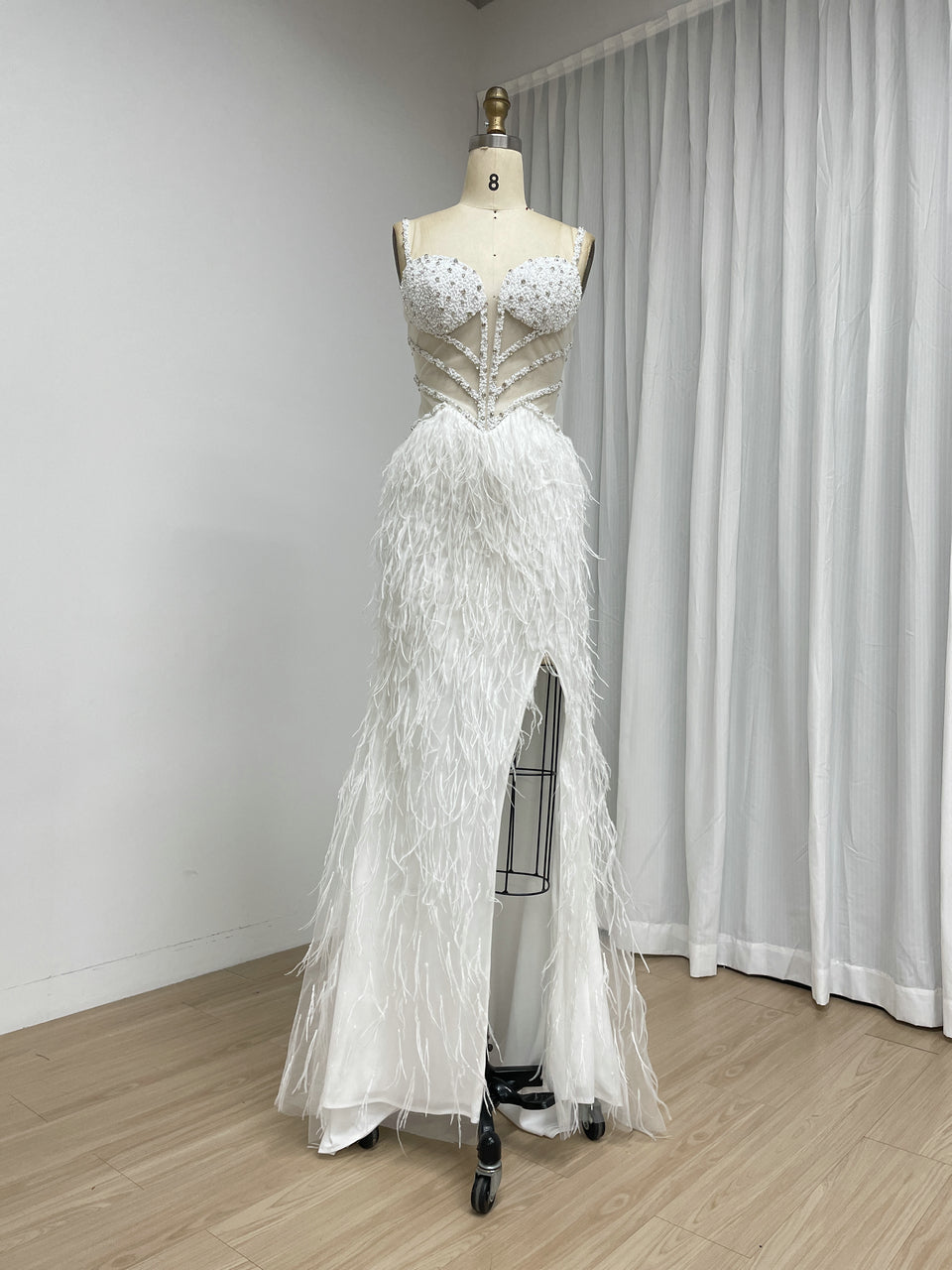 Blush Pink Feather Evening Gown with Crystal Embellished Bodice and High Slit MC20209