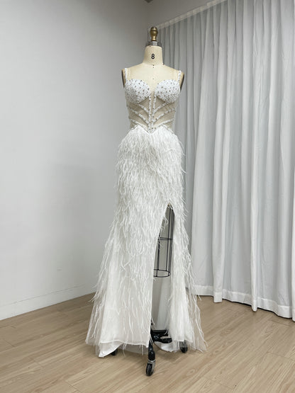 Blush Pink Feather Evening Gown with Crystal Embellished Bodice and High Slit MC20209