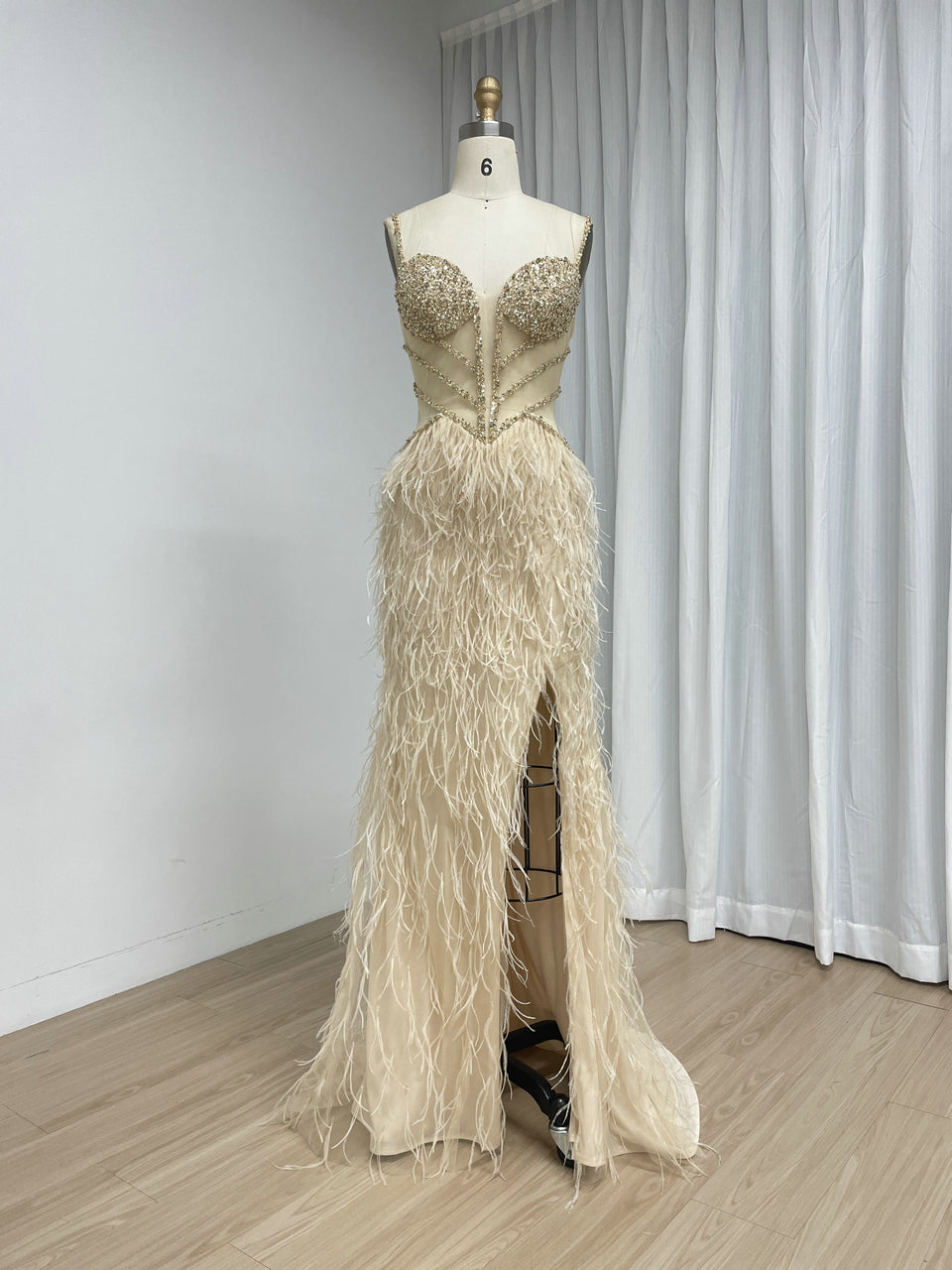 Blush Pink Feather Evening Gown with Crystal Embellished Bodice and High Slit MC20209