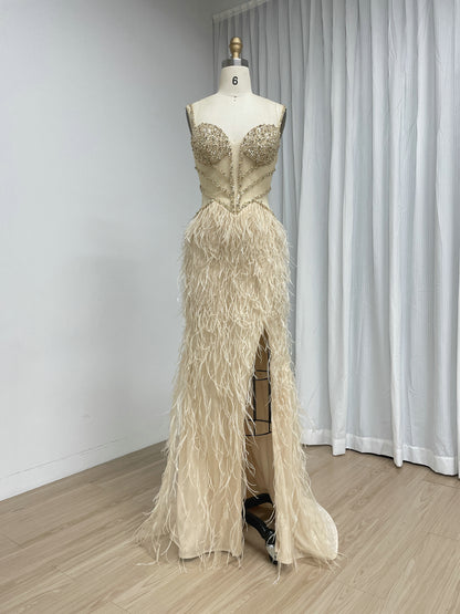 Blush Pink Feather Evening Gown with Crystal Embellished Bodice and High Slit MC20209