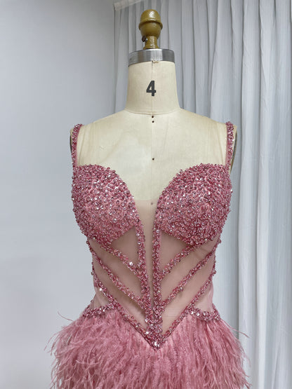 Blush Pink Feather Evening Gown with Crystal Embellished Bodice and High Slit MC20209