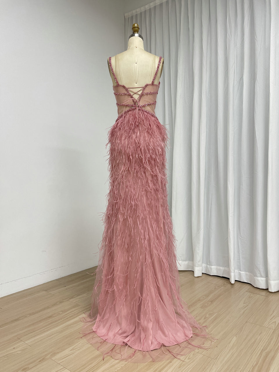 Blush Pink Feather Evening Gown with Crystal Embellished Bodice and High Slit MC20209