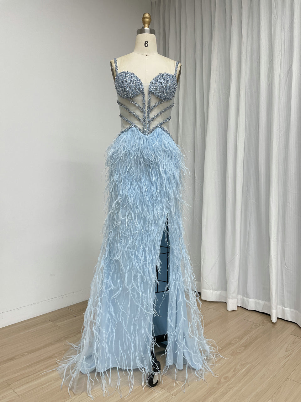 Blush Pink Feather Evening Gown with Crystal Embellished Bodice and High Slit MC20209