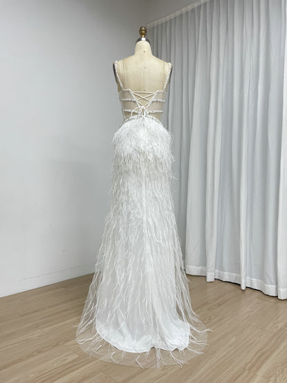 Blush Pink Feather Evening Gown with Crystal Embellished Bodice and High Slit MC20209