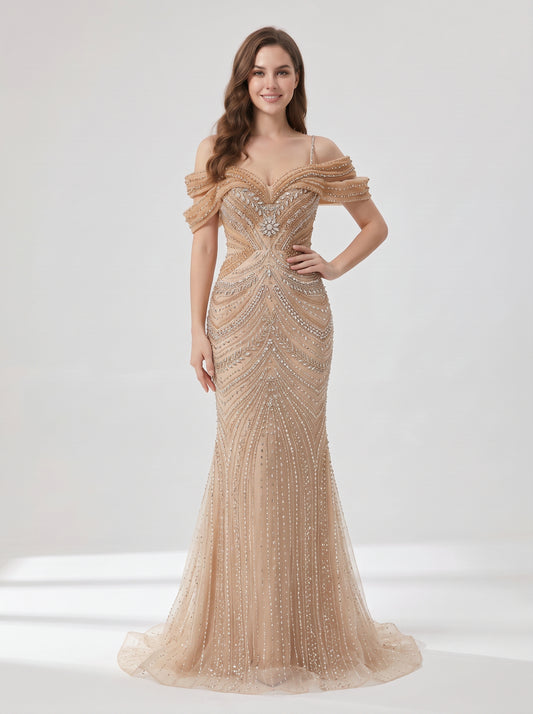 Off-Shoulder Champagne Crystal Beading Mermaid Evening Gown with Overskirt MC20214