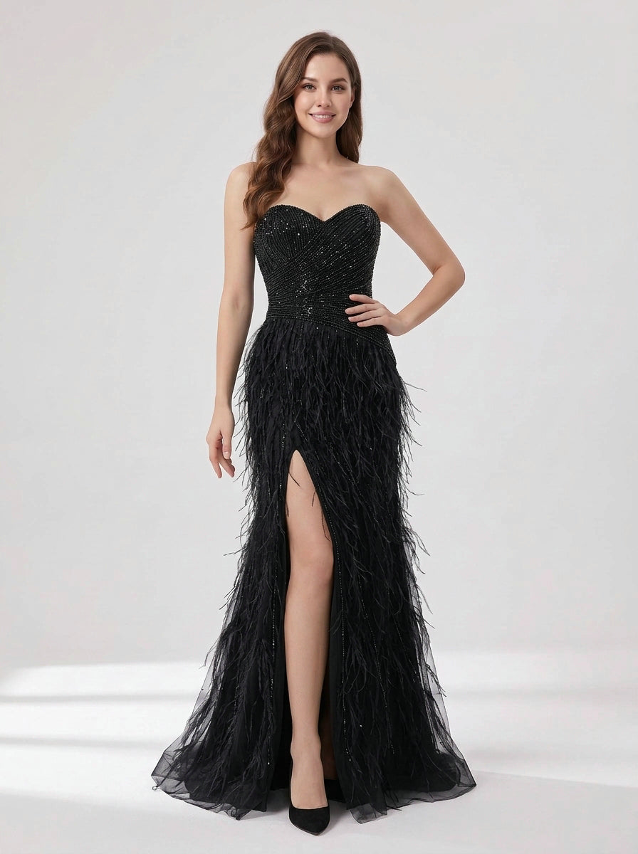 Black Feather Evening Gown with Beaded Strapless Sweetheart Bodice and High Slit MC20216
