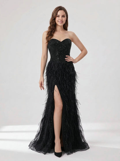 Black Feather Evening Gown with Beaded Strapless Sweetheart Bodice and High Slit MC20216