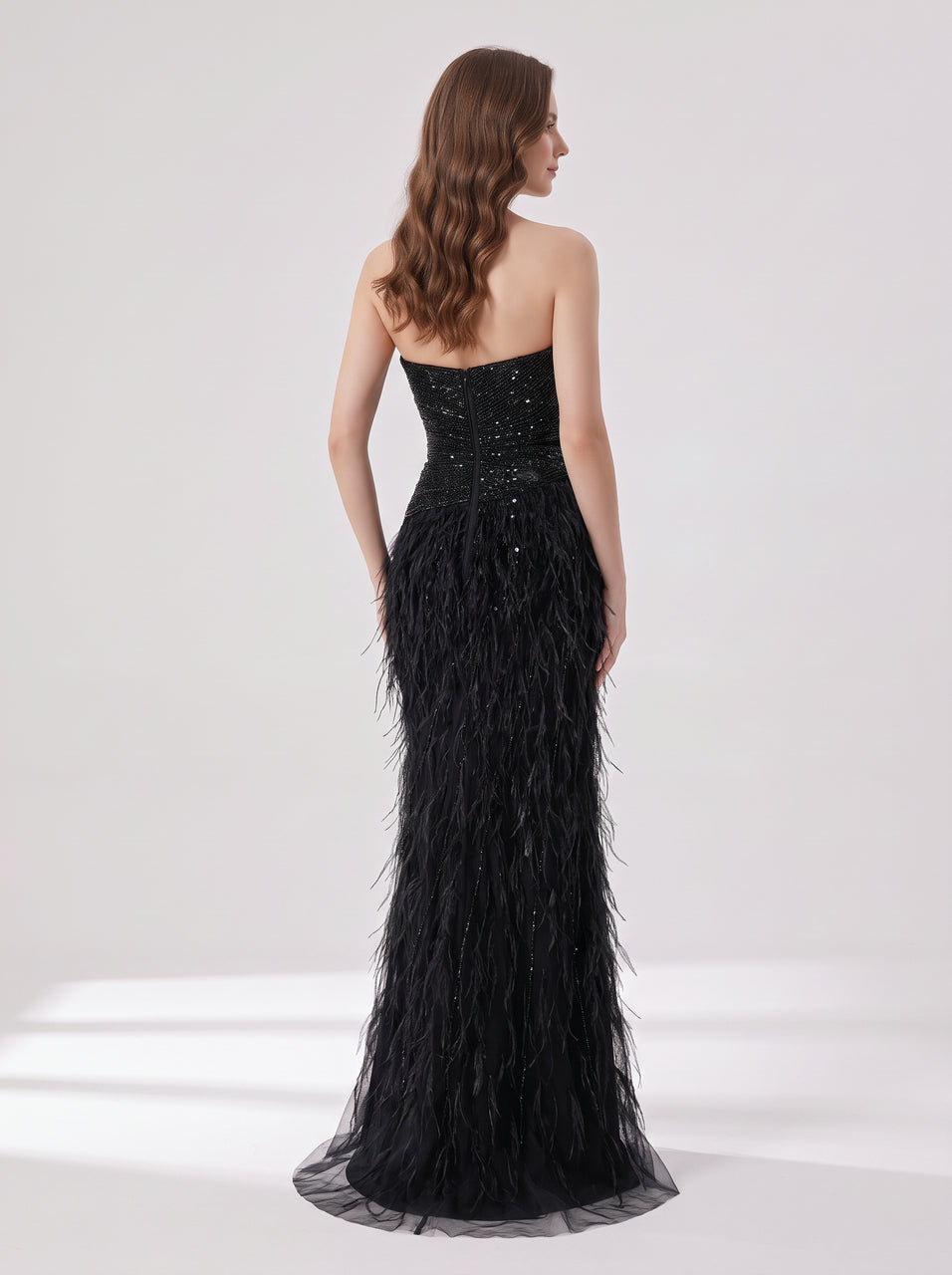 Black Feather Evening Gown with Beaded Strapless Sweetheart Bodice and High Slit MC20216