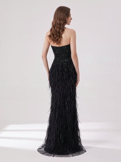 Black Feather Evening Gown with Beaded Strapless Sweetheart Bodice and High Slit MC20216