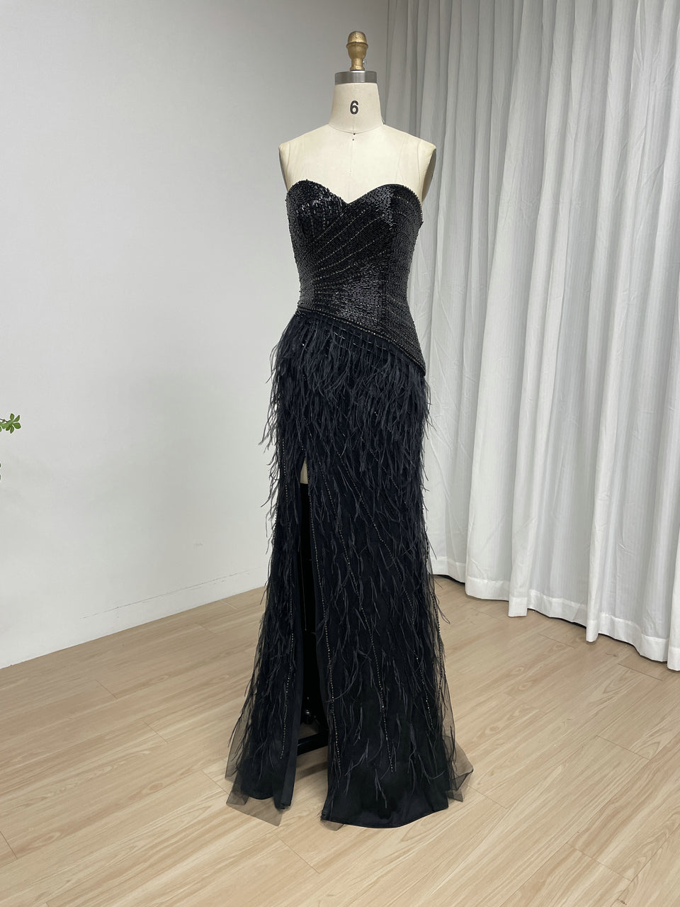 Black Feather Evening Gown with Beaded Strapless Sweetheart Bodice and High Slit MC20216