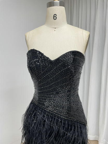 Black Feather Evening Gown with Beaded Strapless Sweetheart Bodice and High Slit MC20216