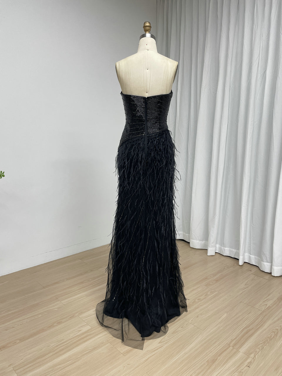 Black Feather Evening Gown with Beaded Strapless Sweetheart Bodice and High Slit MC20216