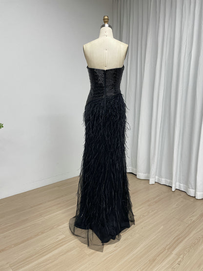 Black Feather Evening Gown with Beaded Strapless Sweetheart Bodice and High Slit MC20216