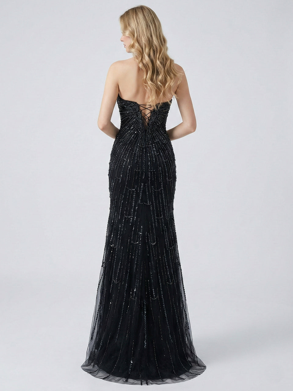 Black Beading Feather Wing Mermaid Evening Gown - High Slit Formal Dress MC20132
