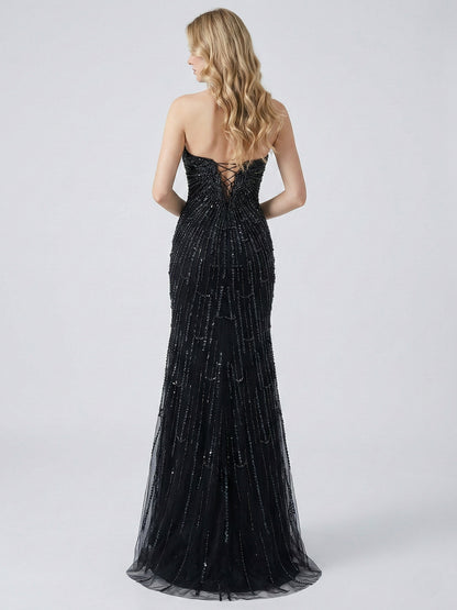 Black Beading Feather Wing Mermaid Evening Gown - High Slit Formal Dress MC20132