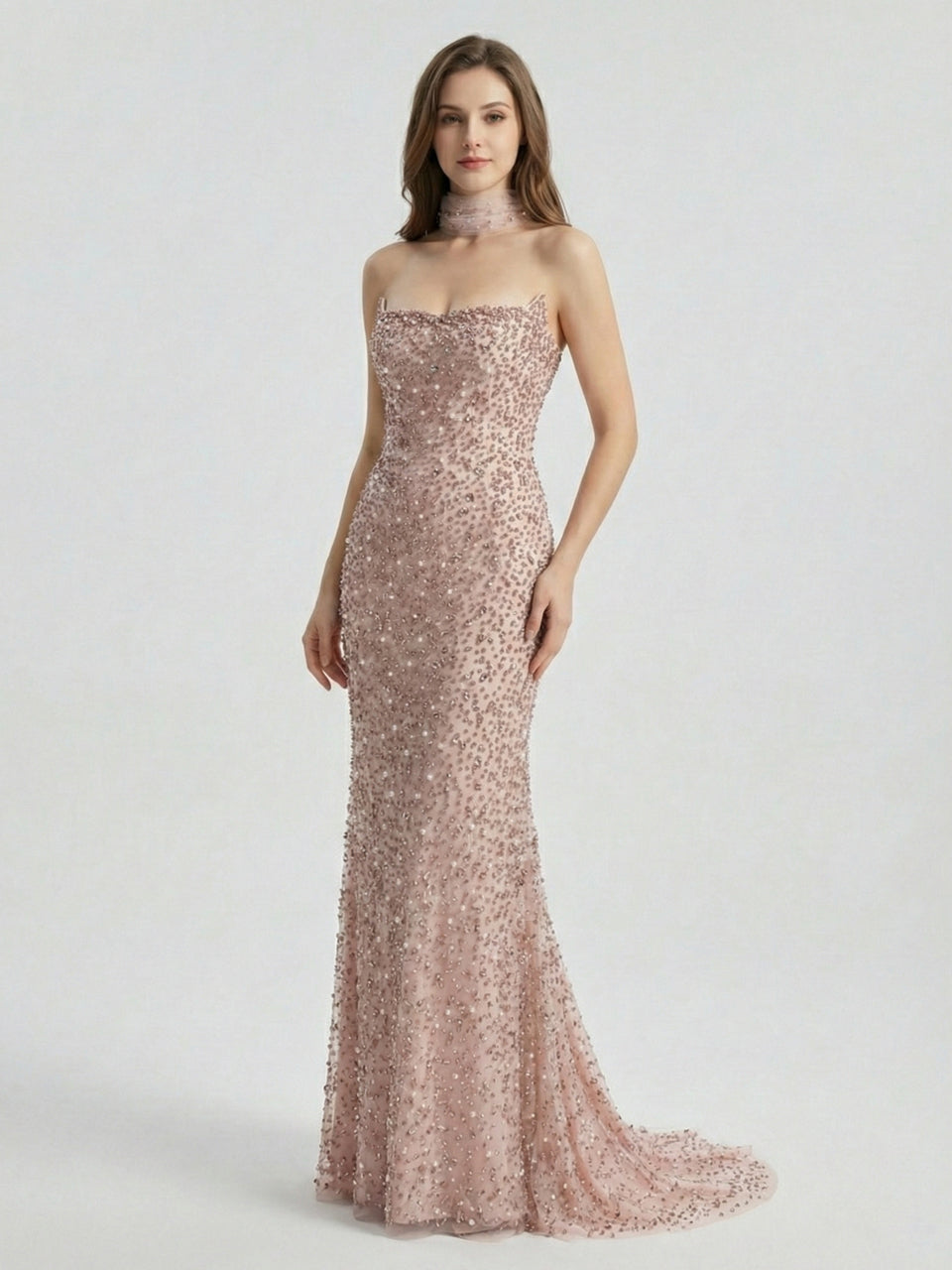 Rose Pink Heavily Beaded Strapless Column Gown with Tulle Choker MD50088