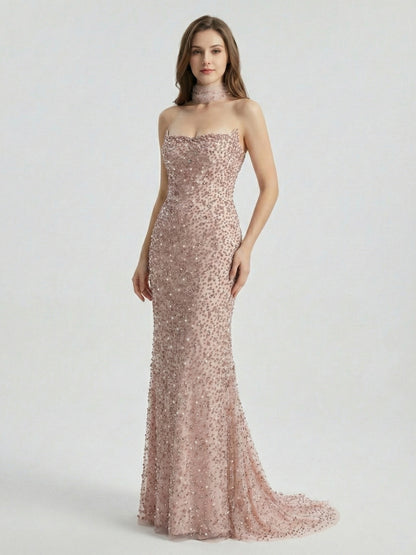 Rose Pink Heavily Beaded Strapless Column Gown with Tulle Choker MD50088