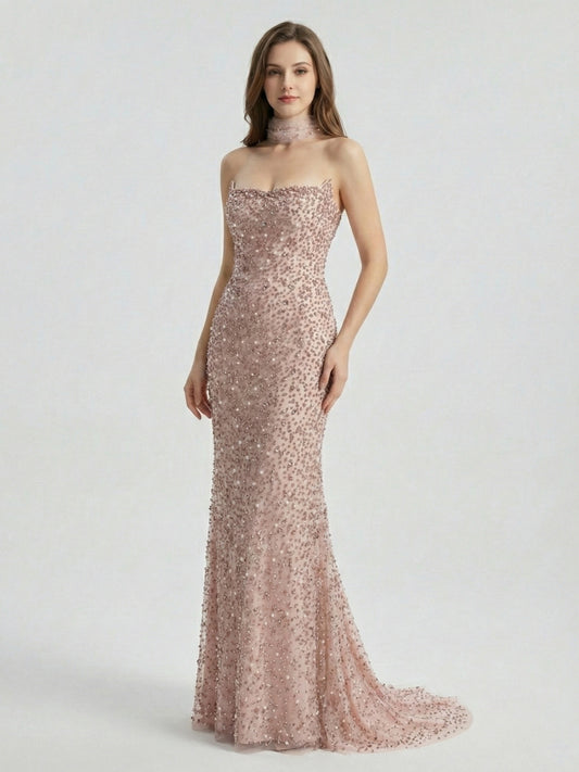 Rose Pink Heavily Beaded Strapless Column Gown with Tulle Choker MD50088