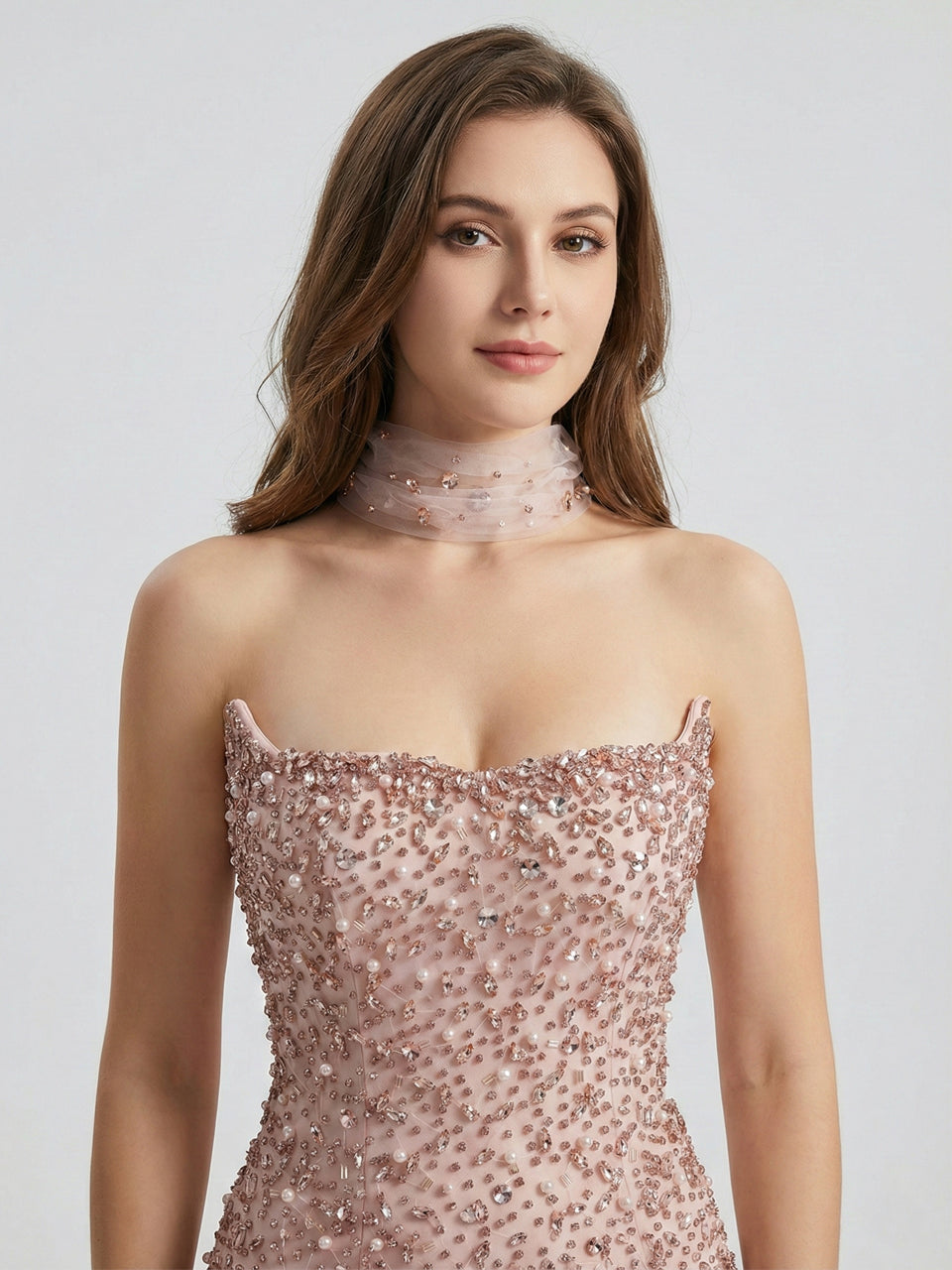 Rose Pink Heavily Beaded Strapless Column Gown with Tulle Choker MD50088