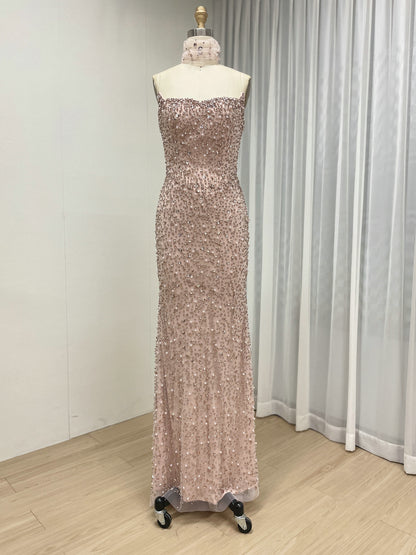 Rose Pink Heavily Beaded Strapless Column Gown with Tulle Choker MD50088