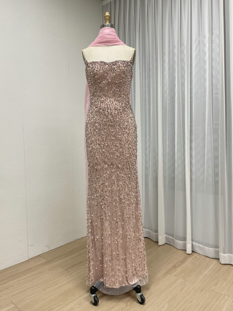 Rose Pink Heavily Beaded Strapless Column Gown with Tulle Choker MD50088