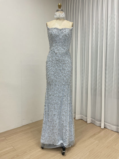 Rose Pink Heavily Beaded Strapless Column Gown with Tulle Choker MD50088