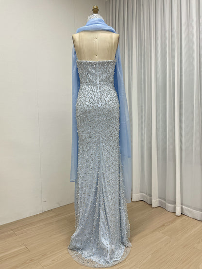 Rose Pink Heavily Beaded Strapless Column Gown with Tulle Choker MD50088