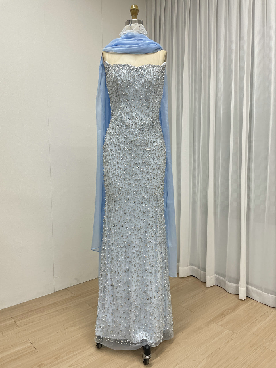 Rose Pink Heavily Beaded Strapless Column Gown with Tulle Choker MD50088