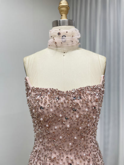 Rose Pink Heavily Beaded Strapless Column Gown with Tulle Choker MD50088