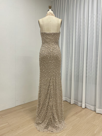 Rose Pink Heavily Beaded Strapless Column Gown with Tulle Choker MD50088