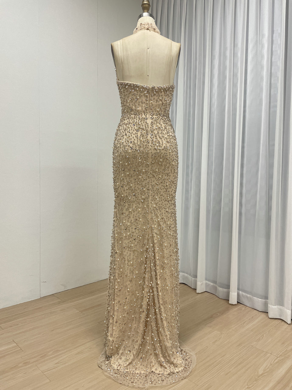 Rose Pink Heavily Beaded Strapless Column Gown with Tulle Choker MD50088