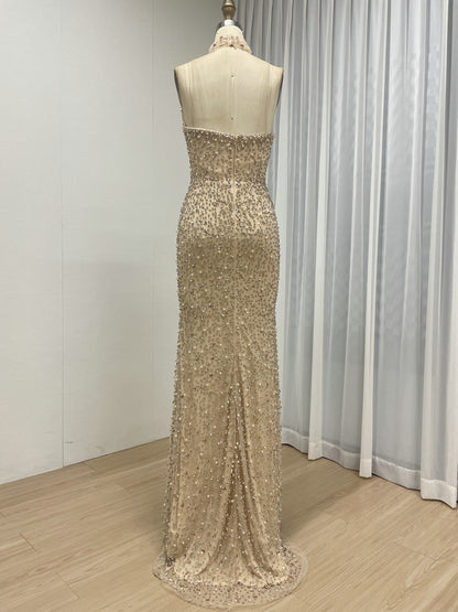 Rose Pink Heavily Beaded Strapless Column Gown with Tulle Choker MD50088