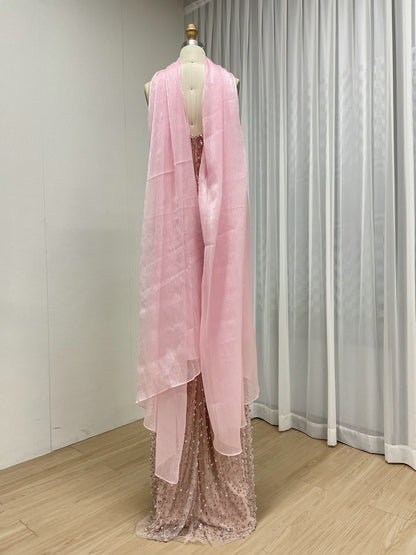 Rose Pink Heavily Beaded Strapless Column Gown with Tulle Choker MD50088