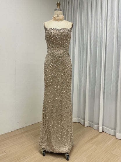 Rose Pink Heavily Beaded Strapless Column Gown with Tulle Choker MD50088