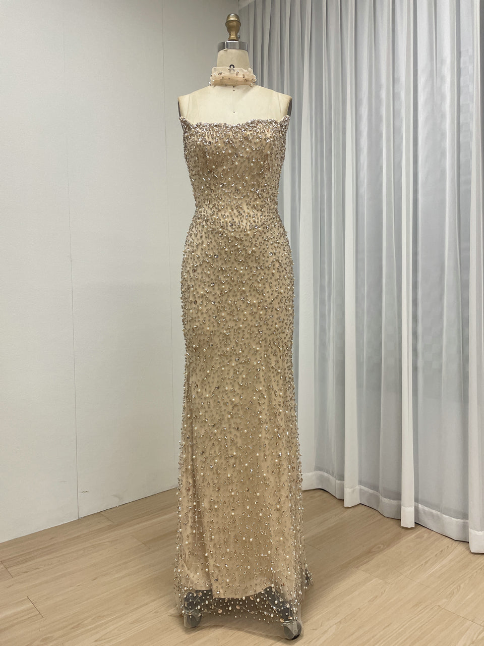 Rose Pink Heavily Beaded Strapless Column Gown with Tulle Choker MD50088