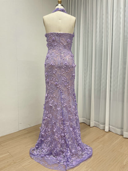 Purple Beaded Applique Evening Gown - V-Neck Formal Dress MD50109