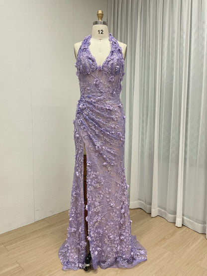 Purple Beaded Applique Evening Gown - V-Neck Formal Dress MD50109
