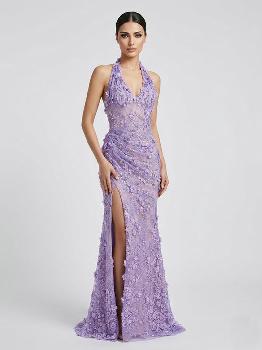 Purple Beaded Applique Evening Gown - V-Neck Formal Dress MD50109