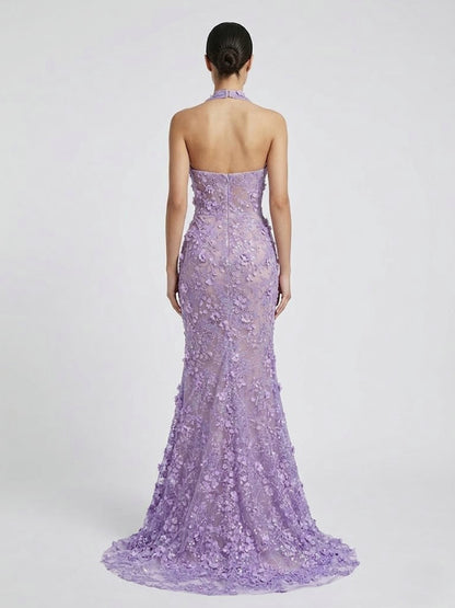 Purple Beaded Applique Evening Gown - V-Neck Formal Dress MD50109