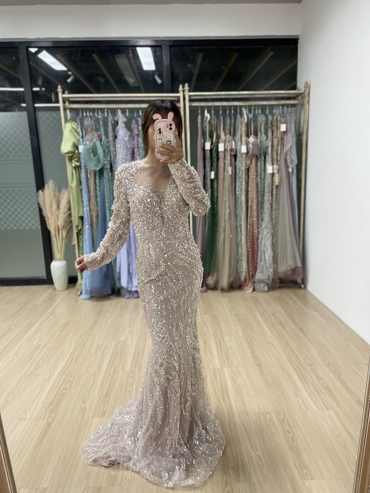 Stylish Beading Lace Long Sleeve Evening Gown MS66014-3